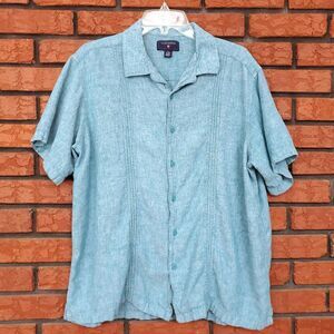 Saddlebred Camp Shirt Mens XL Blue Linen Blend Short Sleeve Vertical Pintuck